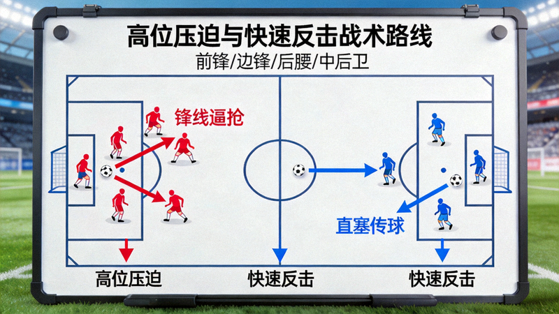 足球战术板示意图，展示高位压迫与快速反击战术路线